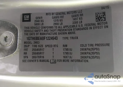 2015 GMC Canyon Sle from USA, damaged, VIN 1GTH6BEA8F1224943